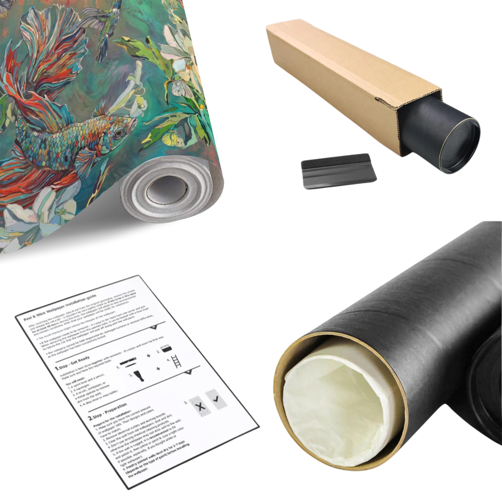 Botanical wall mural roll, turquoise background with colorful fish, hummingbirds, flowers