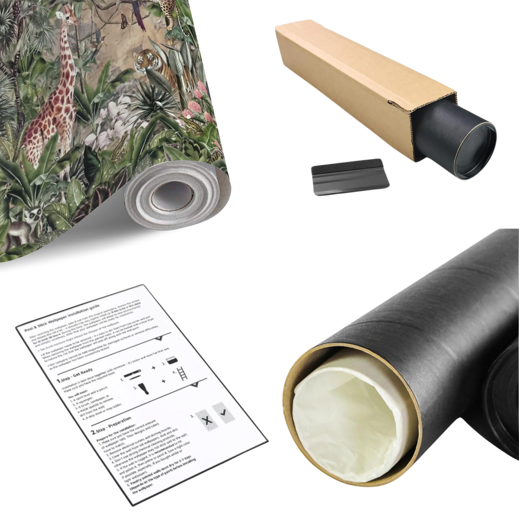 Wall mural roll with backing paper, shipping box, and installation instructions