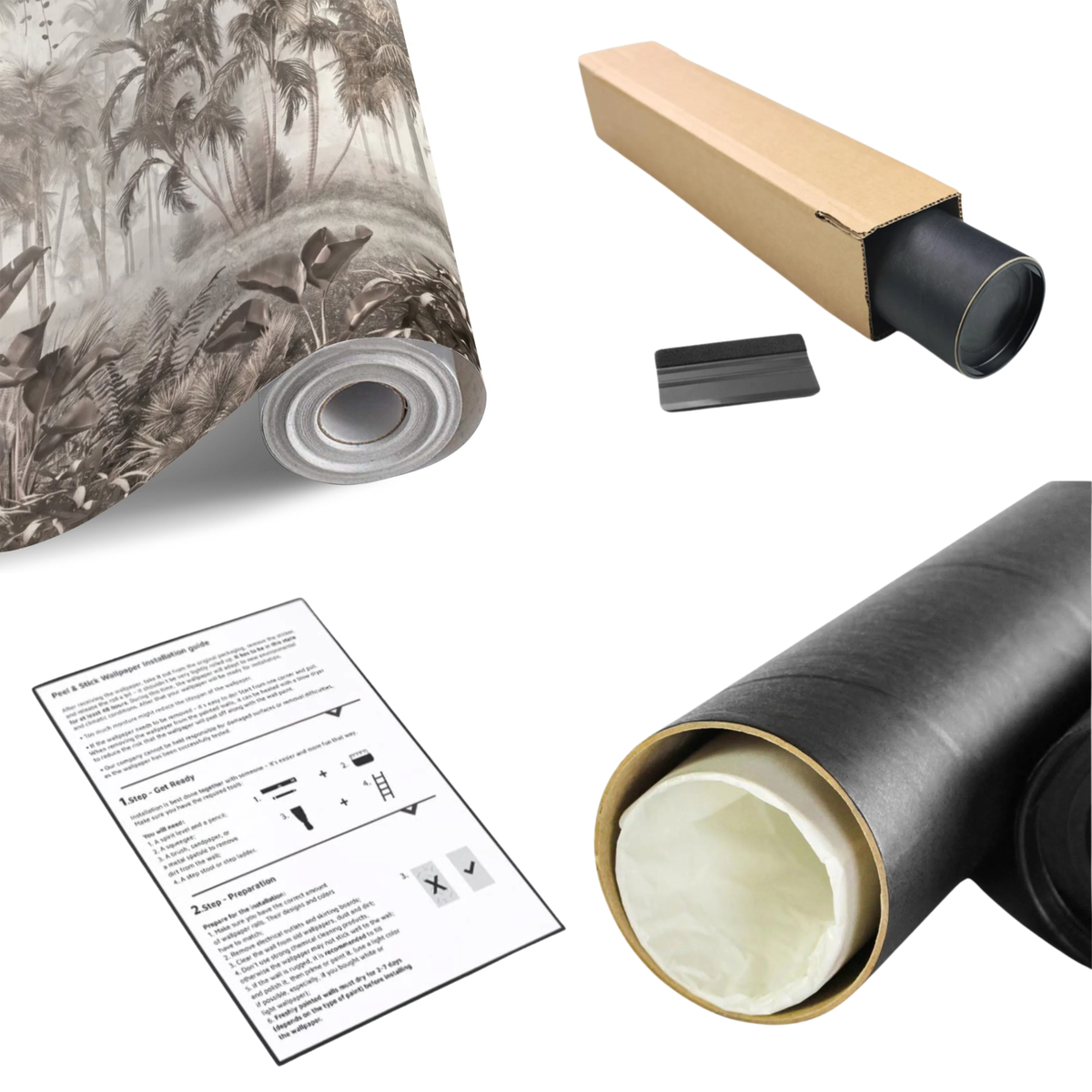 Palm forest wall mural roll and packaging with instructions and cardboard tube