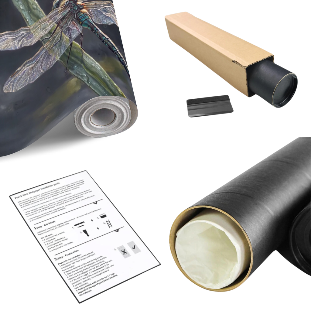 Dragonfly botanical wall mural roll with mounting instructions and included adhesive pieces