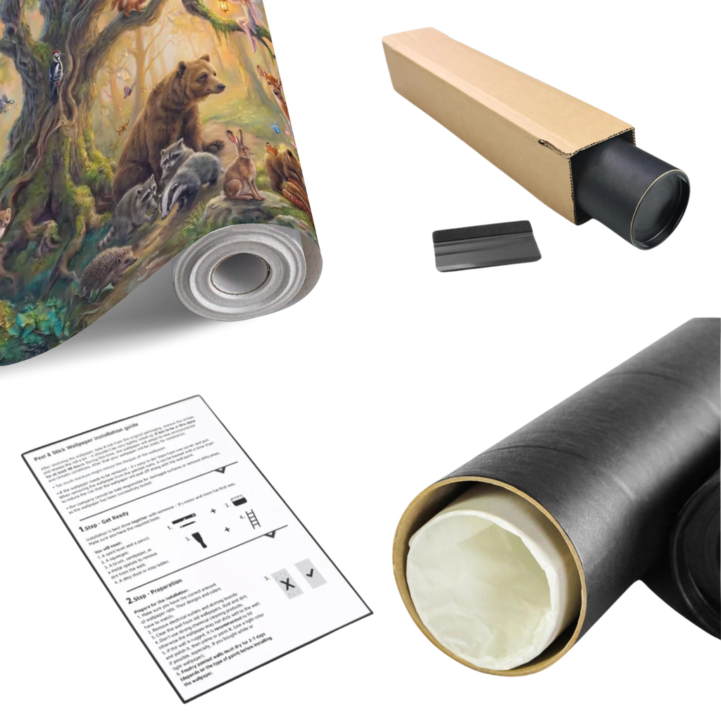 Wall mural roll with tube, included tool pieces, and instruction sheet on a white background