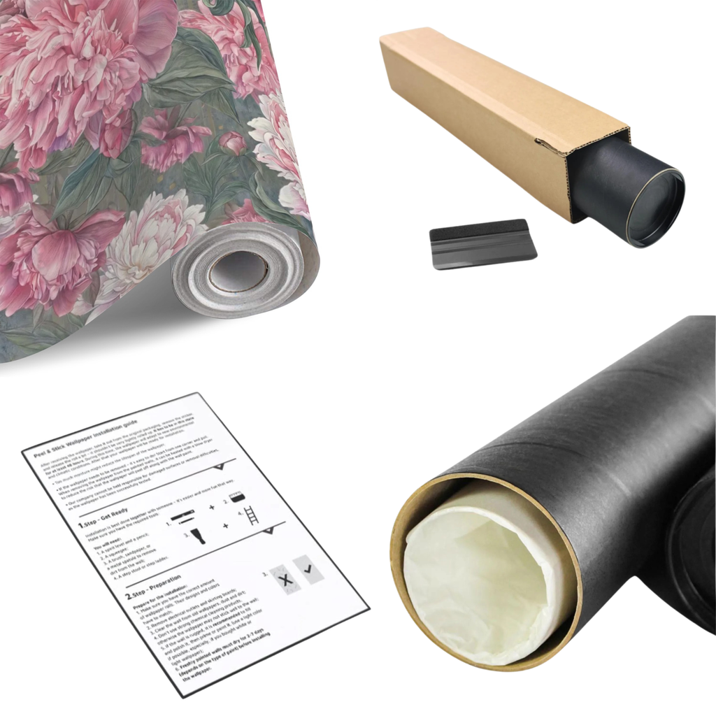 Peony floral wall mural roll with sage green leaves and pink blooms, packaging included