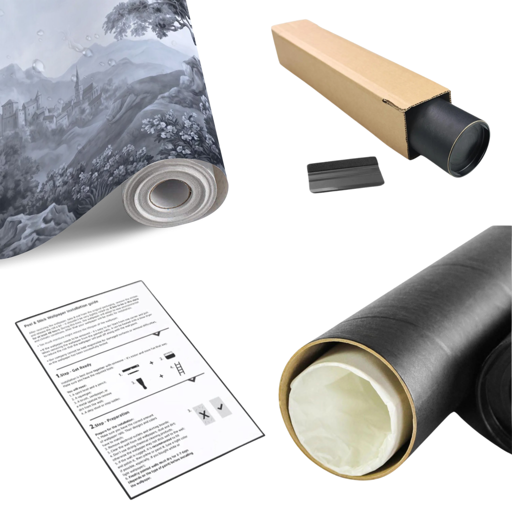Monochrome wall mural roll with backing and application tools for installation