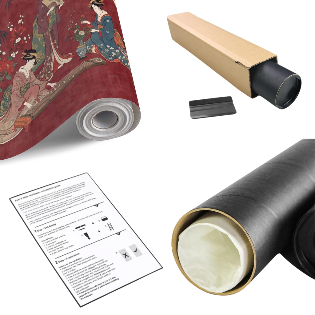Rolled red Japanese geisha wall mural sample with guide sheet and packaging box