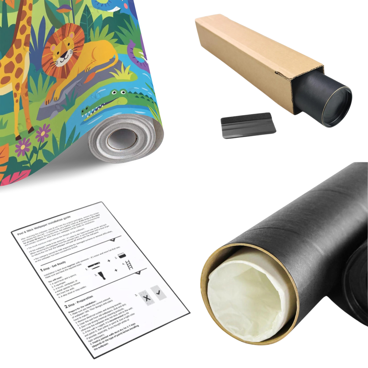 Colorful jungle animal wall mural material roll with illustrated safari animal print
