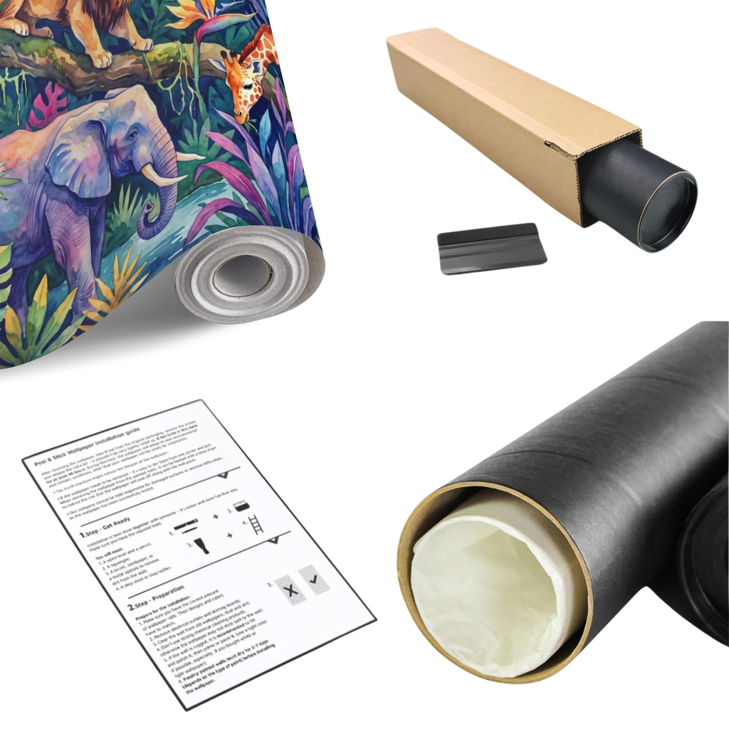 Colorful jungle wildlife wall mural roll and matching install kit pieces