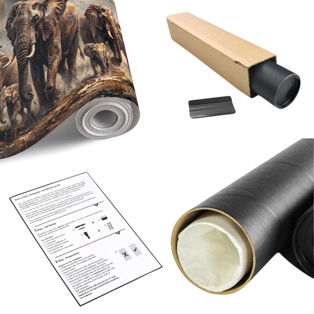 Elephant herd wall mural roll with instruction sheet and cardboard packaging