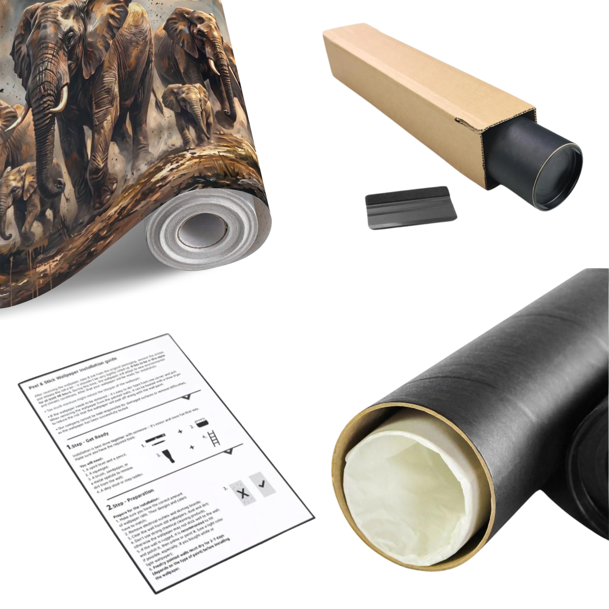 Elephant herd wall mural roll with instruction sheet and cardboard packaging