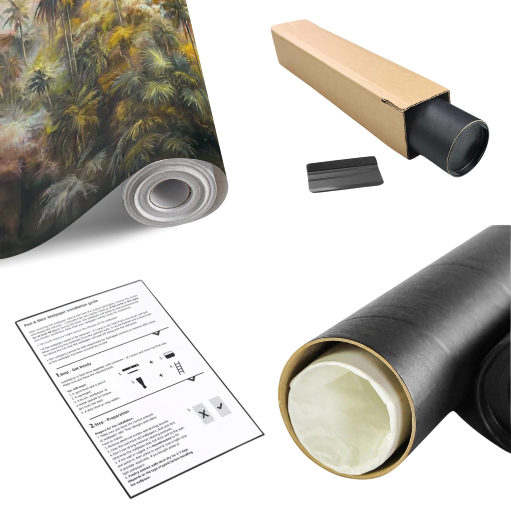 Printed tropical palm jungle wall mural roll with installation instructions