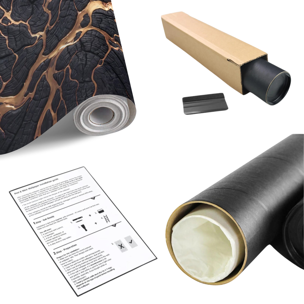 Black charred wood texture wall mural roll with gold kintsugi crack veins