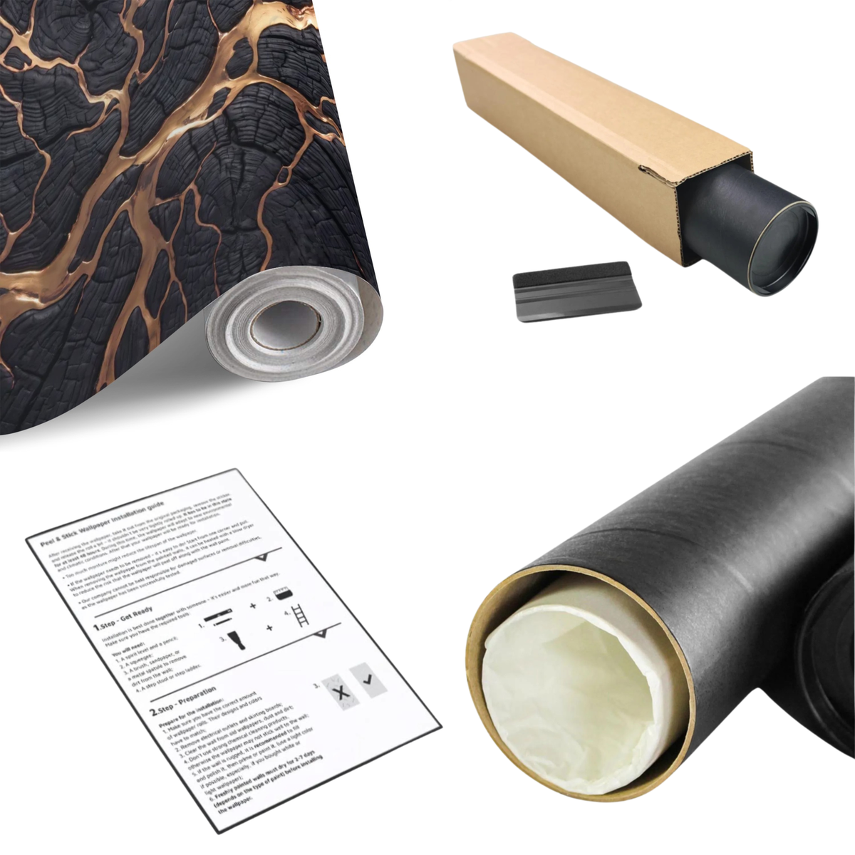 Black charred wood texture wall mural roll with gold kintsugi crack veins