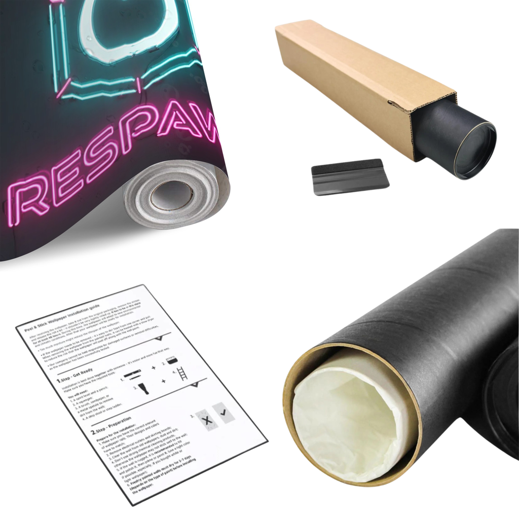 Neon gaming wall mural roll, black backing, included install sheet and tube core