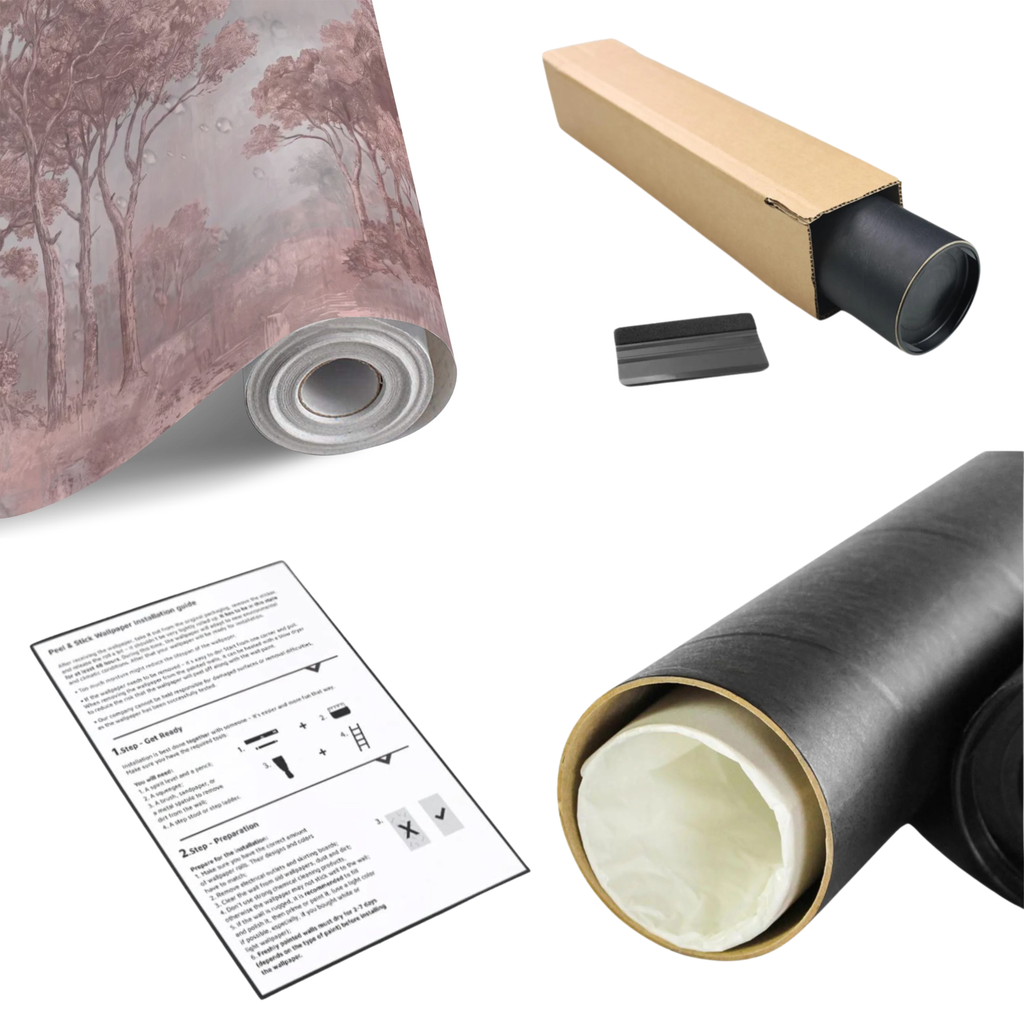 Woodland landscape wall mural roll set with dusty pink tree design and instructions