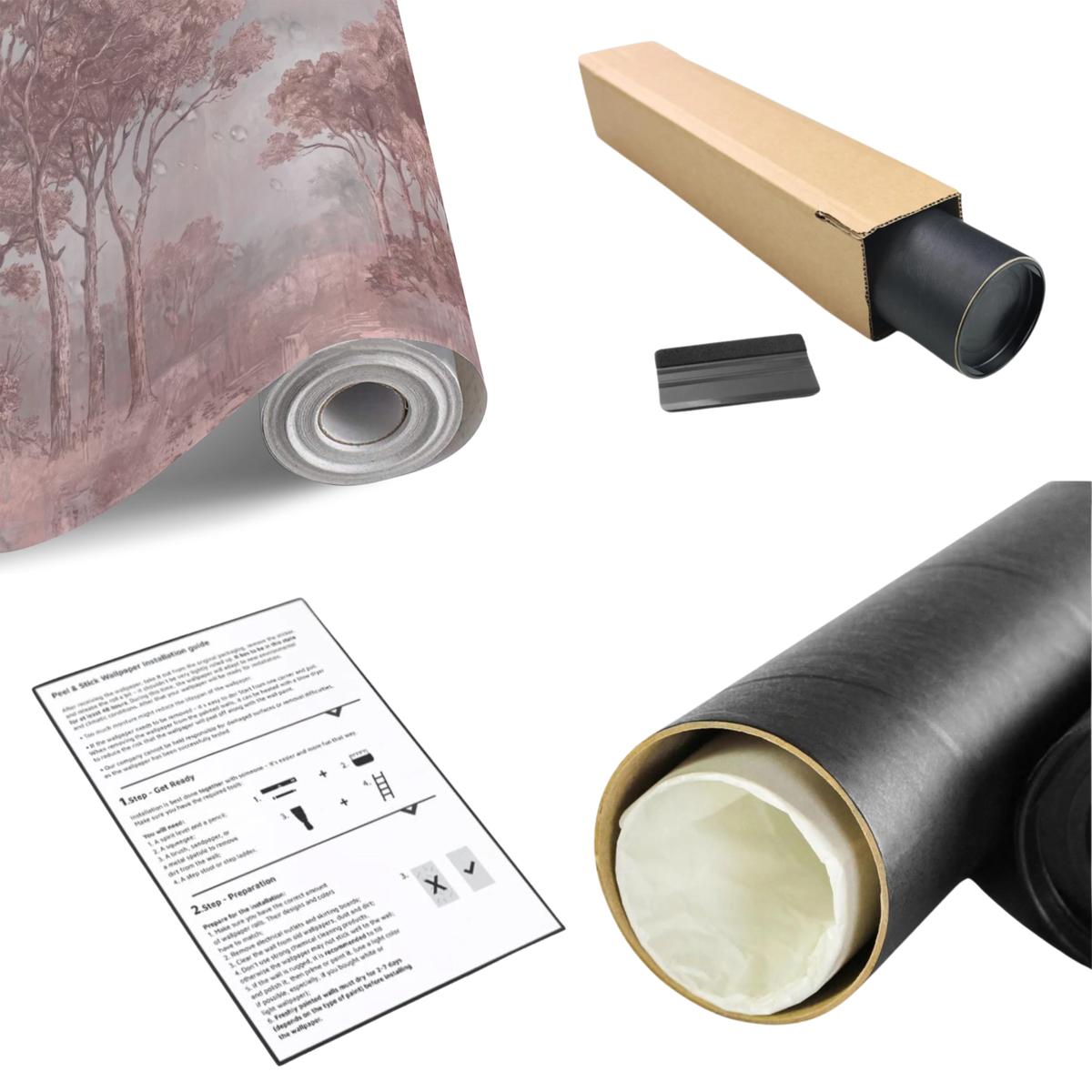 Woodland landscape wall mural roll set with dusty pink tree design and instructions
