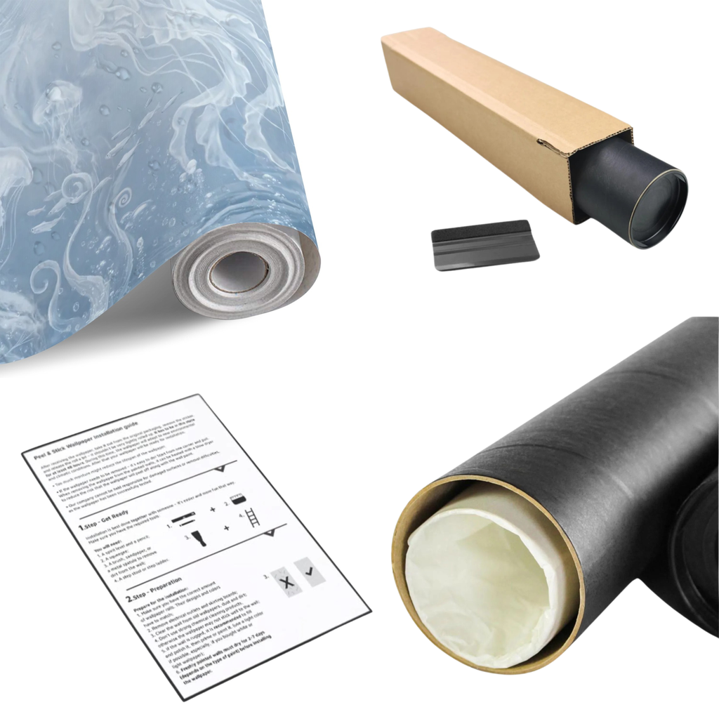 Jellyfish ocean wall mural roll with backing and unroll instructions, packaging tubes
