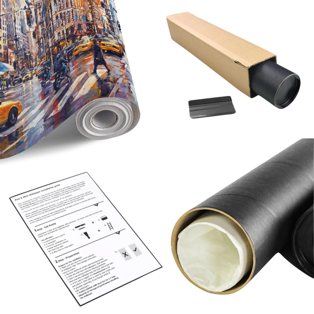 Printed wall mural roll with backing tube, box, and instruction sheet