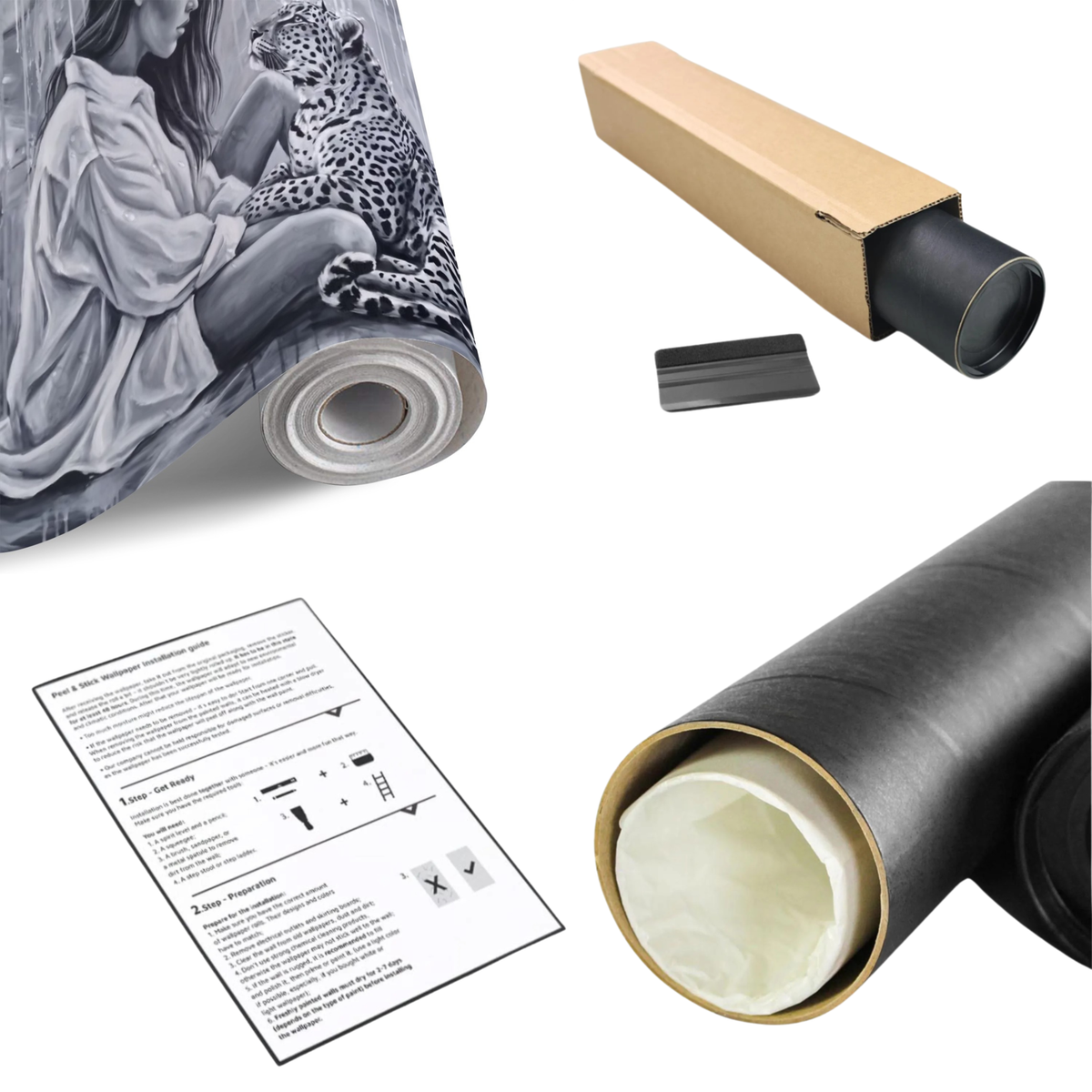 Wall mural roll sample and backing material, monochrome woman and leopard artwork