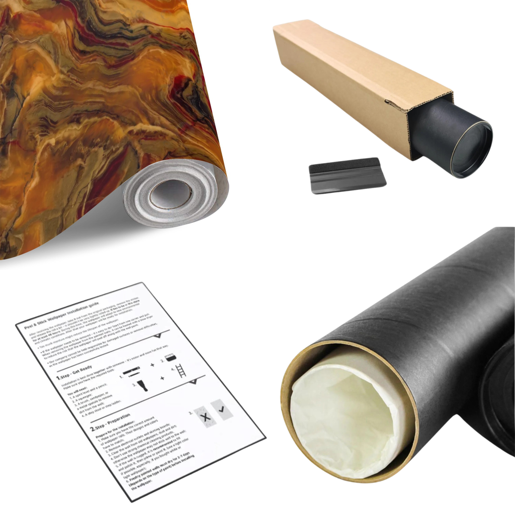 Earthy abstract marbled wall mural roll with flowing amber and red veining, dark streaks