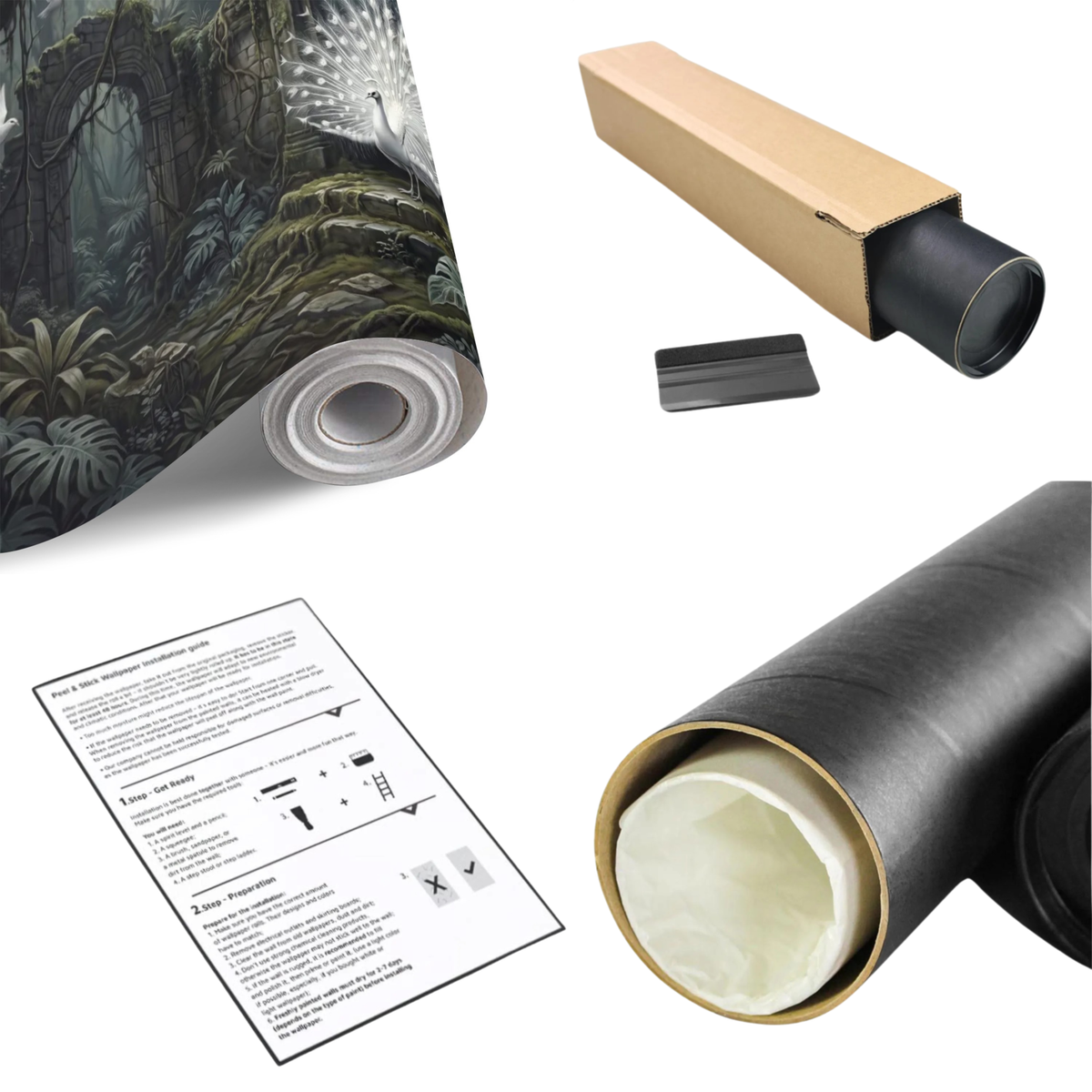 Roll wallpaper mural packaging set with jungle ruins and peacock design