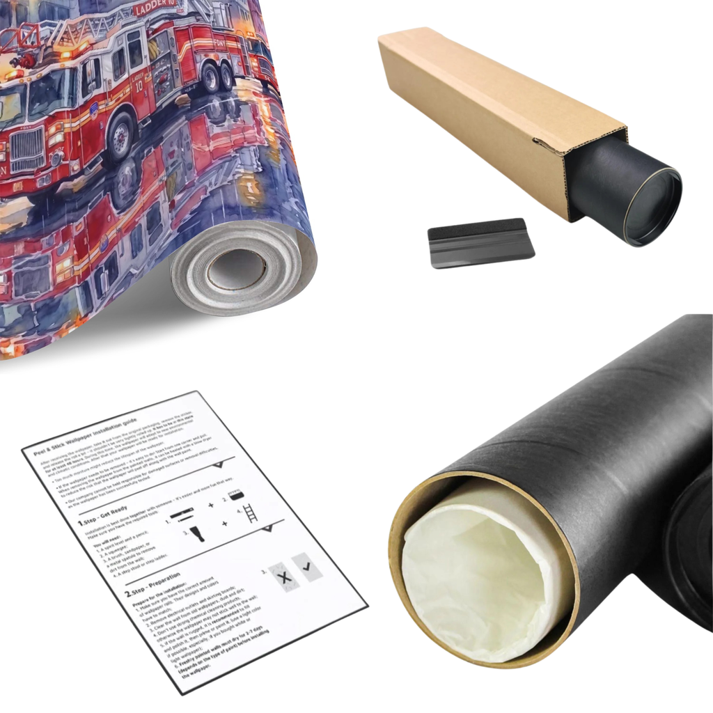 Fire truck wall mural roll with install instructions and cardboard tube, watercolor city scene