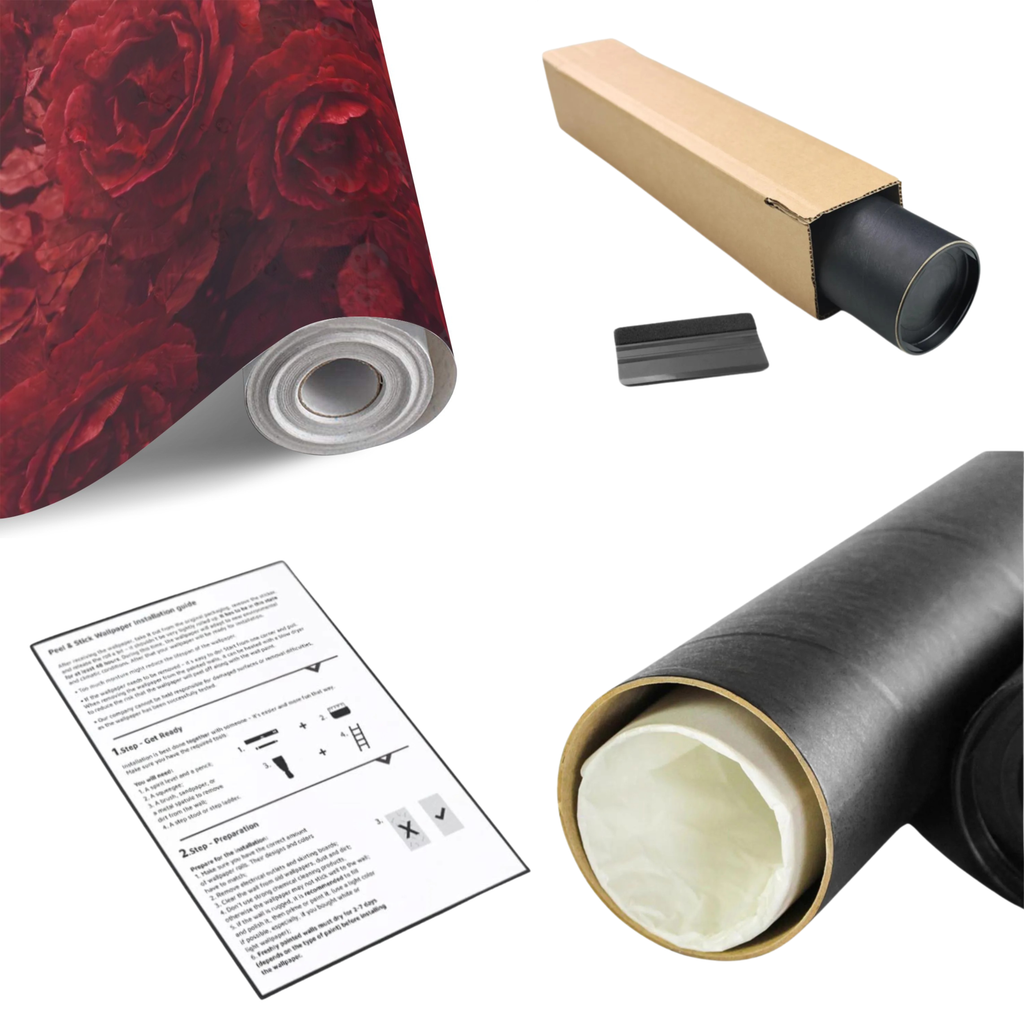 Dark red rose floral wall mural roll with textured botanical pattern, plus backing sheet