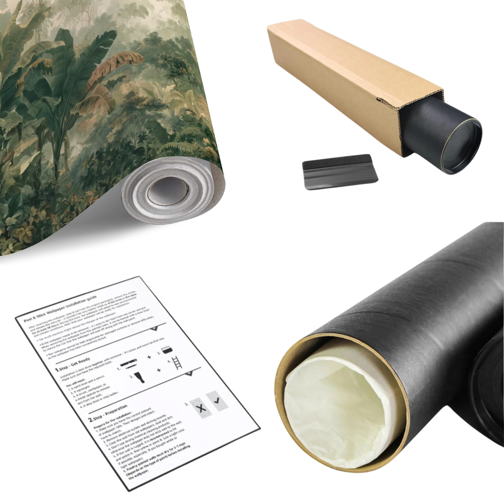 Tropical jungle botanical wall mural roll showing banana palms and lush green rainforest print