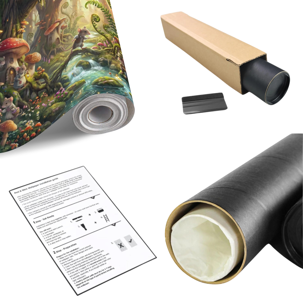 Woodland wall mural roll, tube, and instructions with mushroom houses and mice