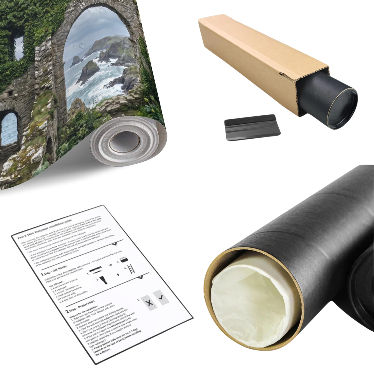 Rolled medieval stone arches wall mural in protective tube, with printed instructions