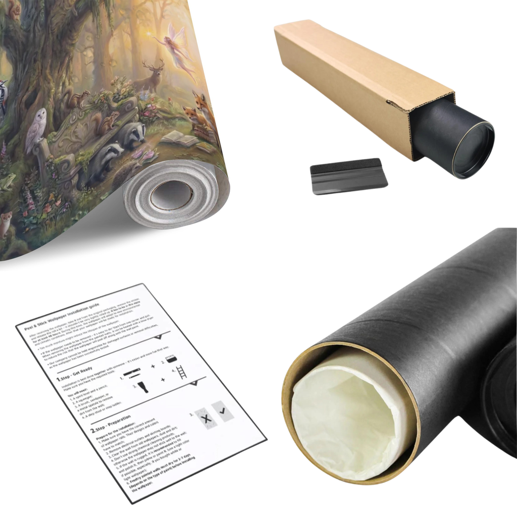 Woodland animal wall mural roll: foxes, owls, and flying fairies in an enchanted forest