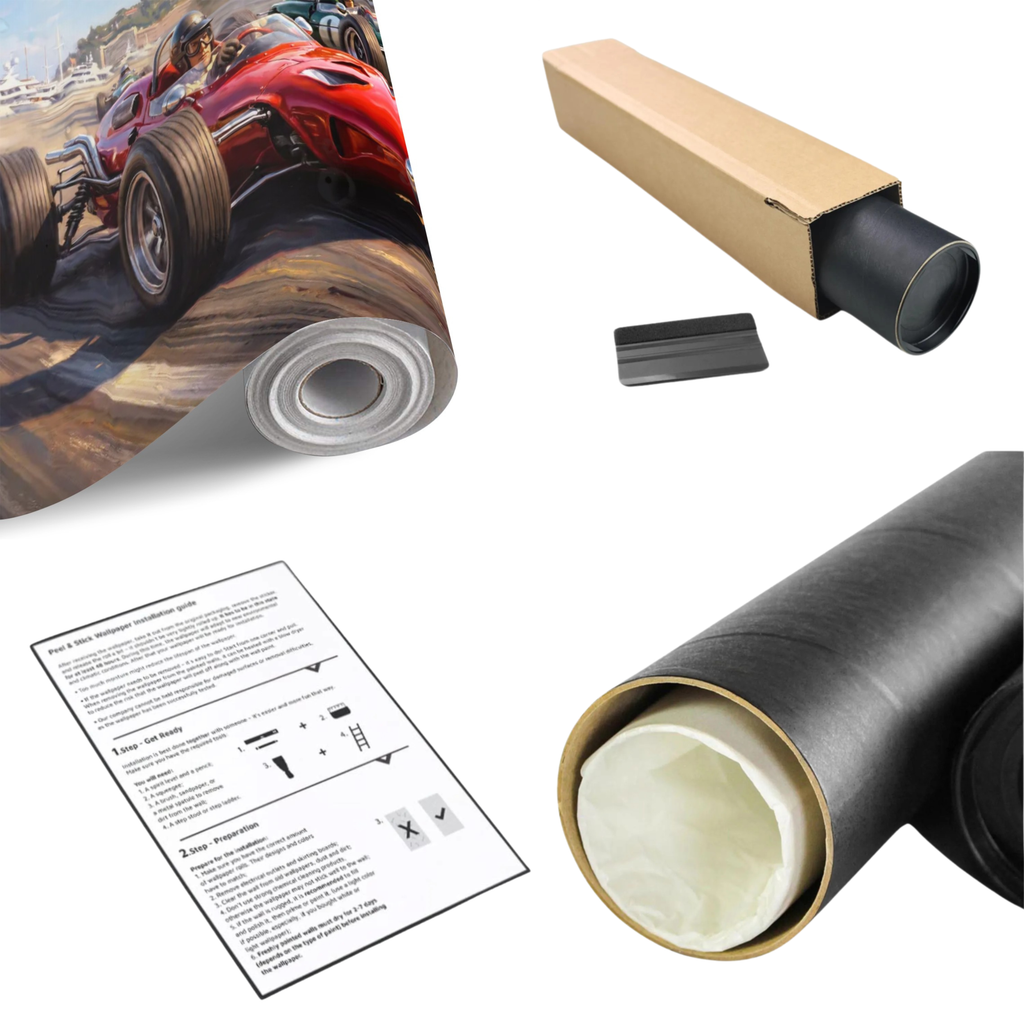 Wall mural roll featuring red and green vintage race cars on a coastal track