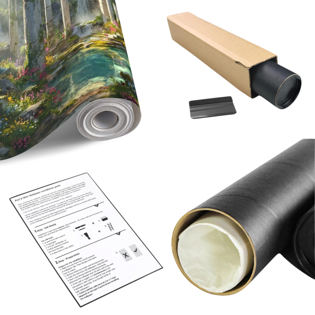 Rolled fantasy garden wall mural with stone arches, lush forest, and waterfalls