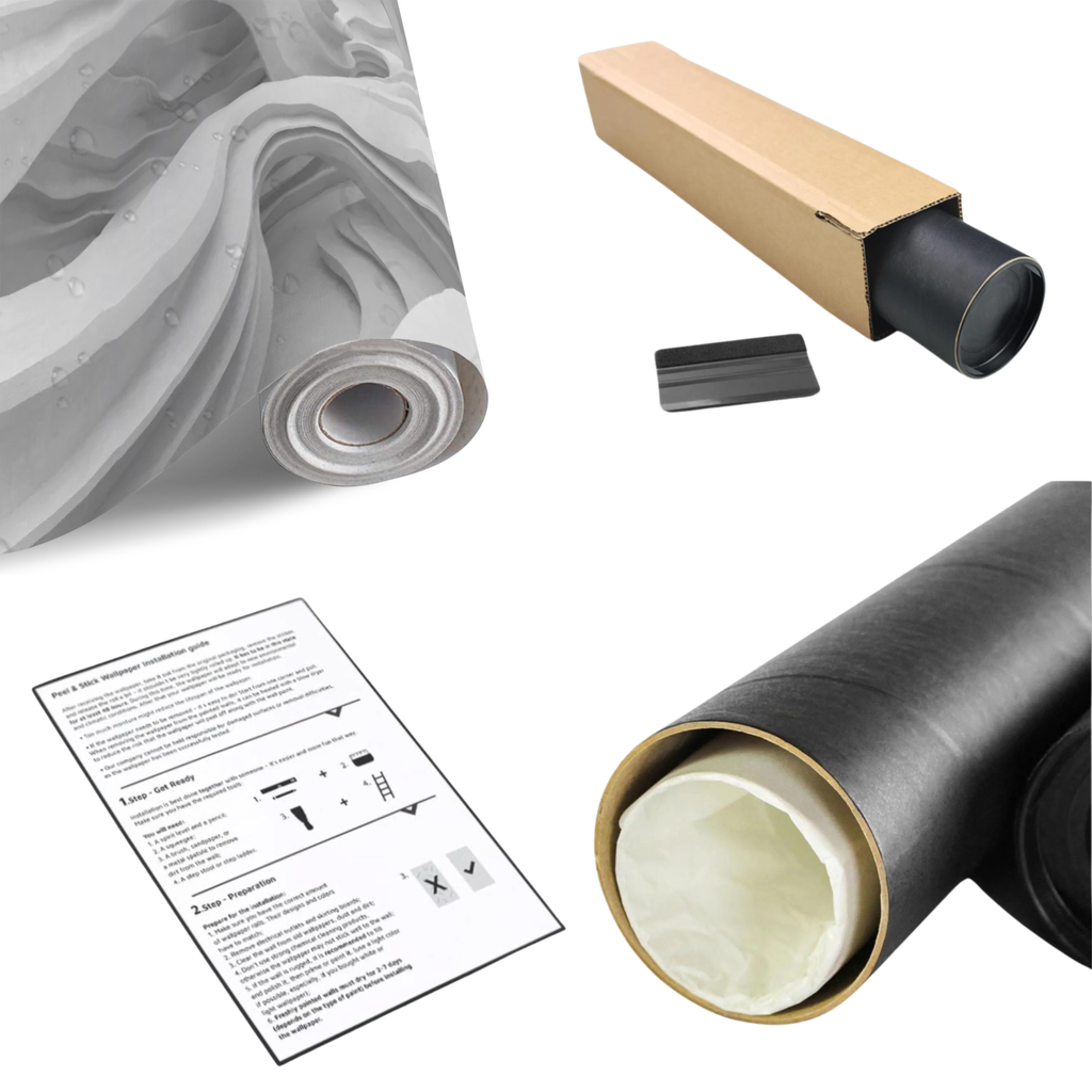Curved wall mural roll bundle with instruction sheet and black tube core