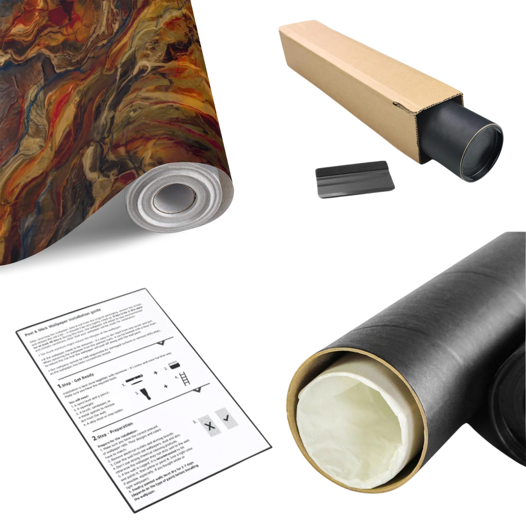 Abstract agate-style wall mural roll with marbled veins in orange, gold, and dark blue.