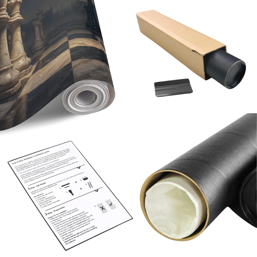 Wall mural material rolls with dark chess design, rolled with tube and instructions