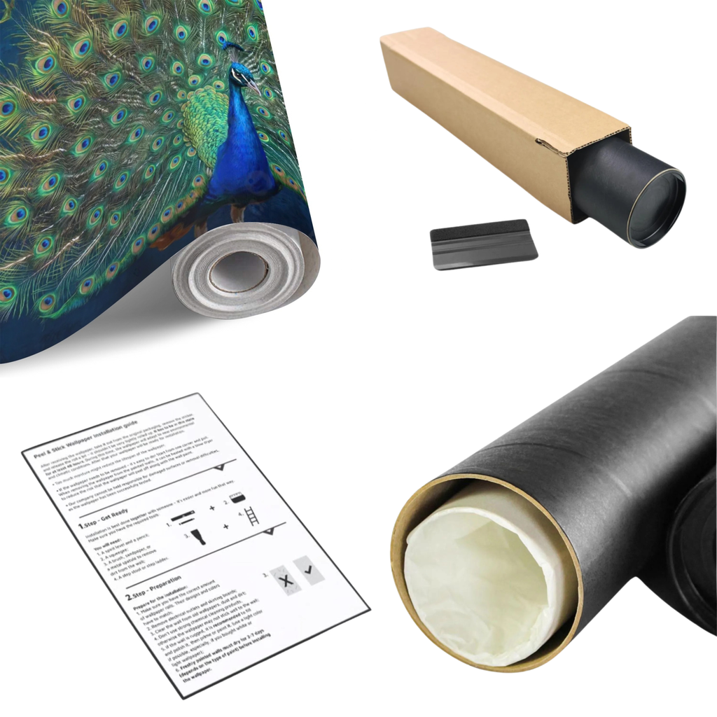 Peacock feather wall mural roll with blue peacock print, plus tubes and instructions