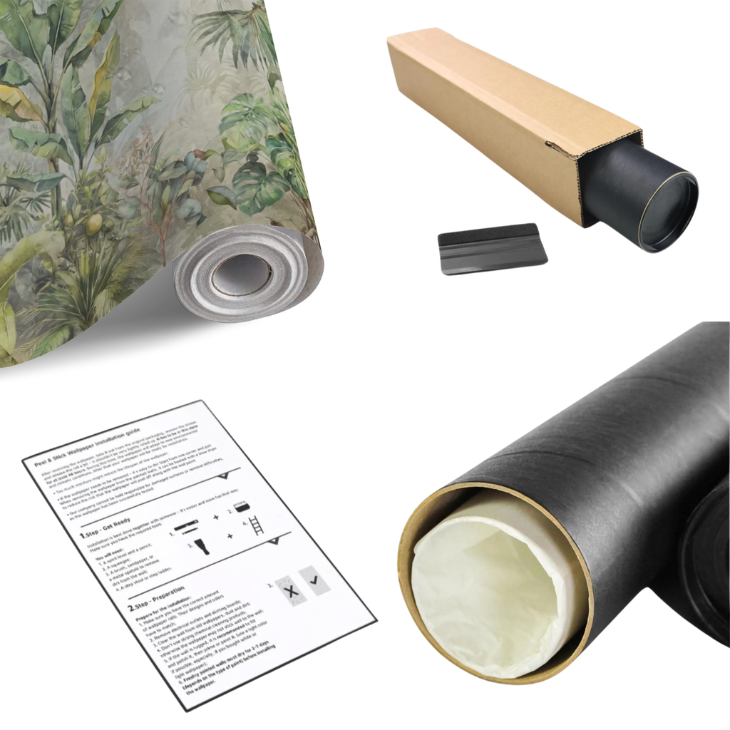 Jungle botanical wall mural roll with backing sheet, edge trimming tool, and shipping tube