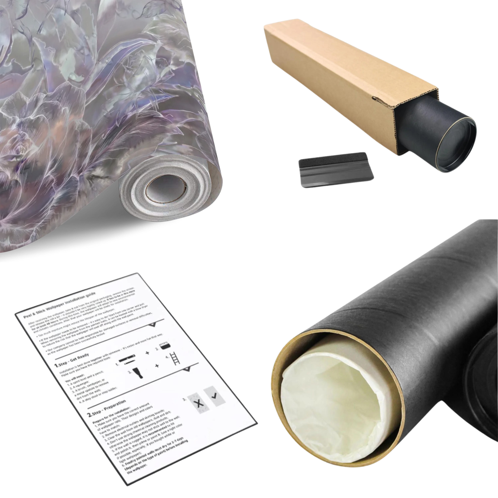 Lavender rose floral wall mural roll with pastel botanical pattern, plus installation tools