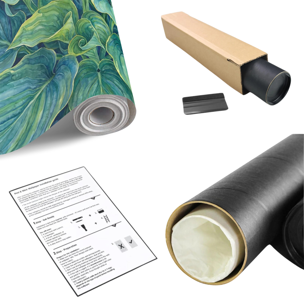 Wall mural roll with watercolor hosta leaves botanical foliage in blue-green on backing