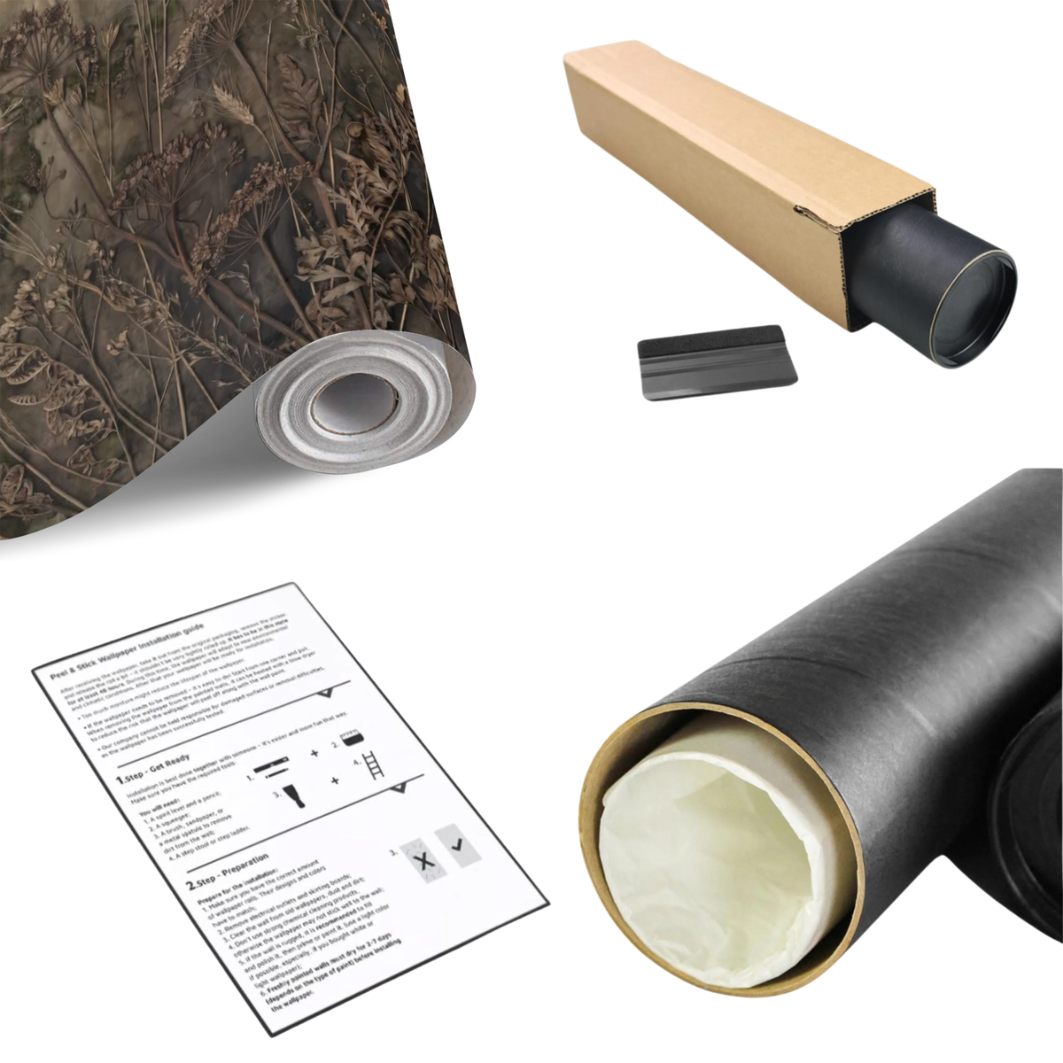 Botanical wall mural roll with backing, box, and installation instructions