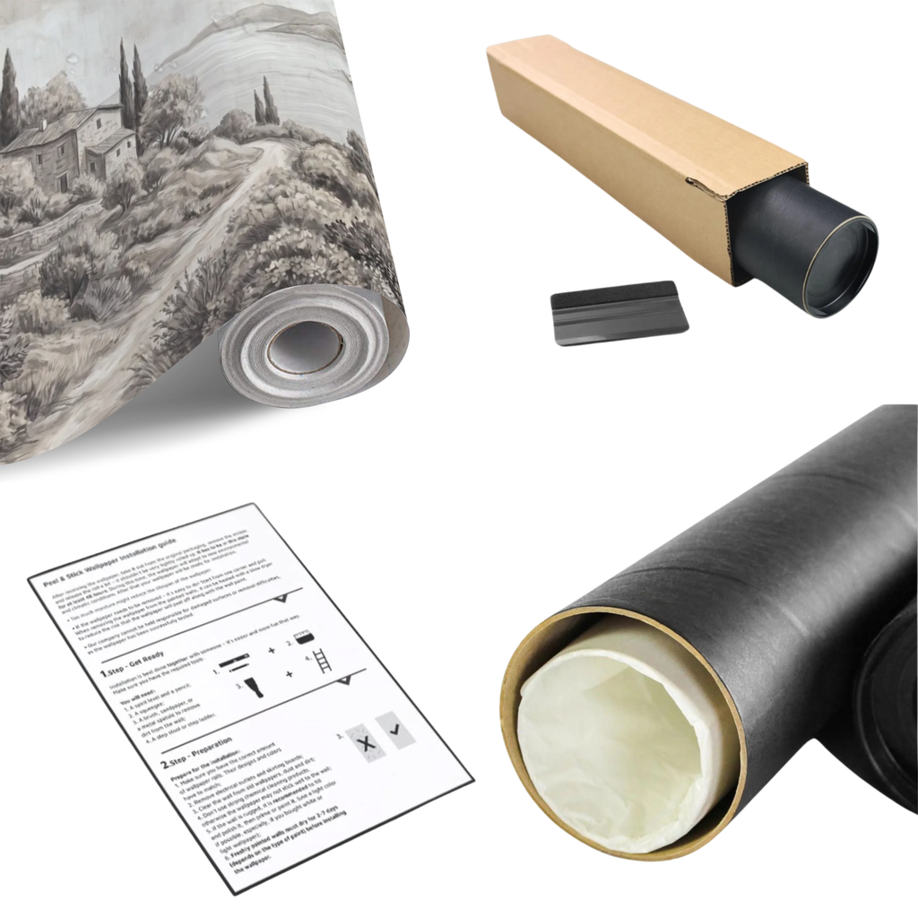 Rolled black-and-white countryside wall mural with villa, cypress trees, lake scene