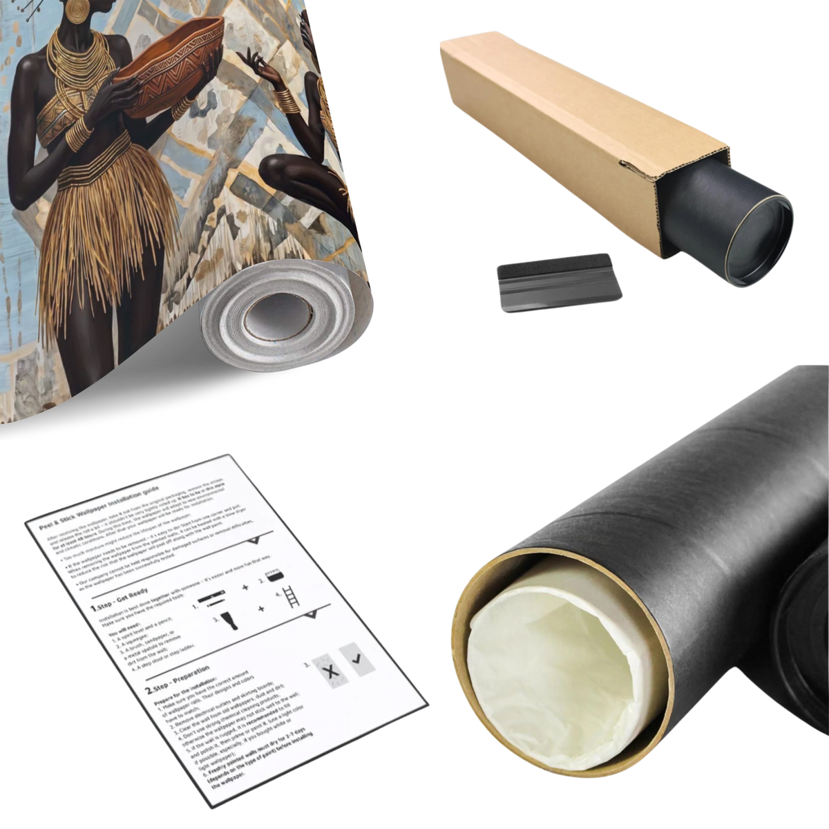 African tribal wall mural roll with artwork scenes and instructions sheet