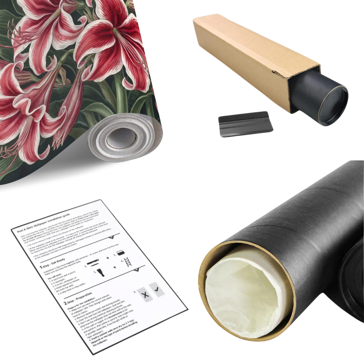 Floral wall mural roll showing red-and-white lilies on dark green botanical leaves.