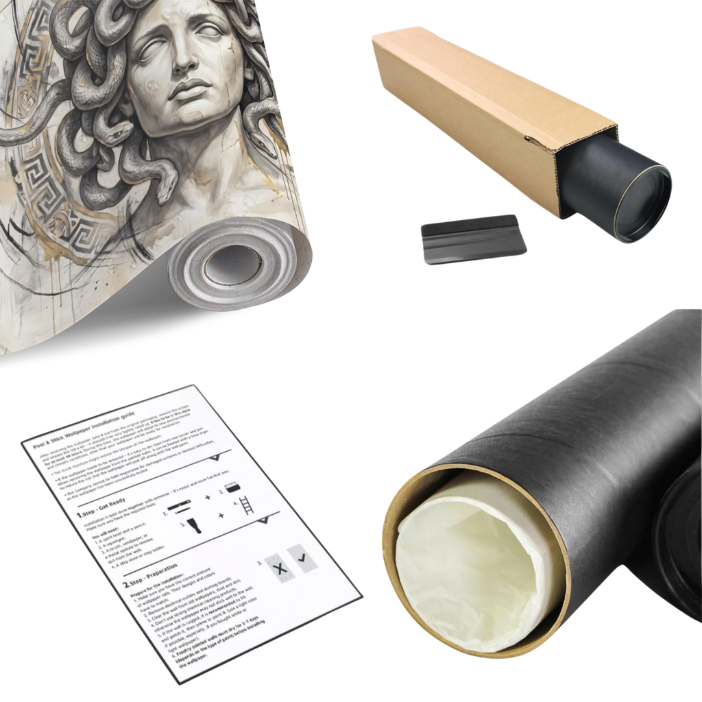 Greek Medusa wall mural roll and packaging components, black and gray artwork panel