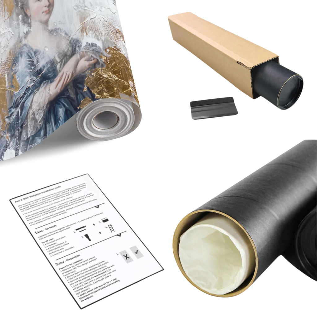 Rolled blue-and-gold classical portrait wall mural with instructions and adhesive pieces