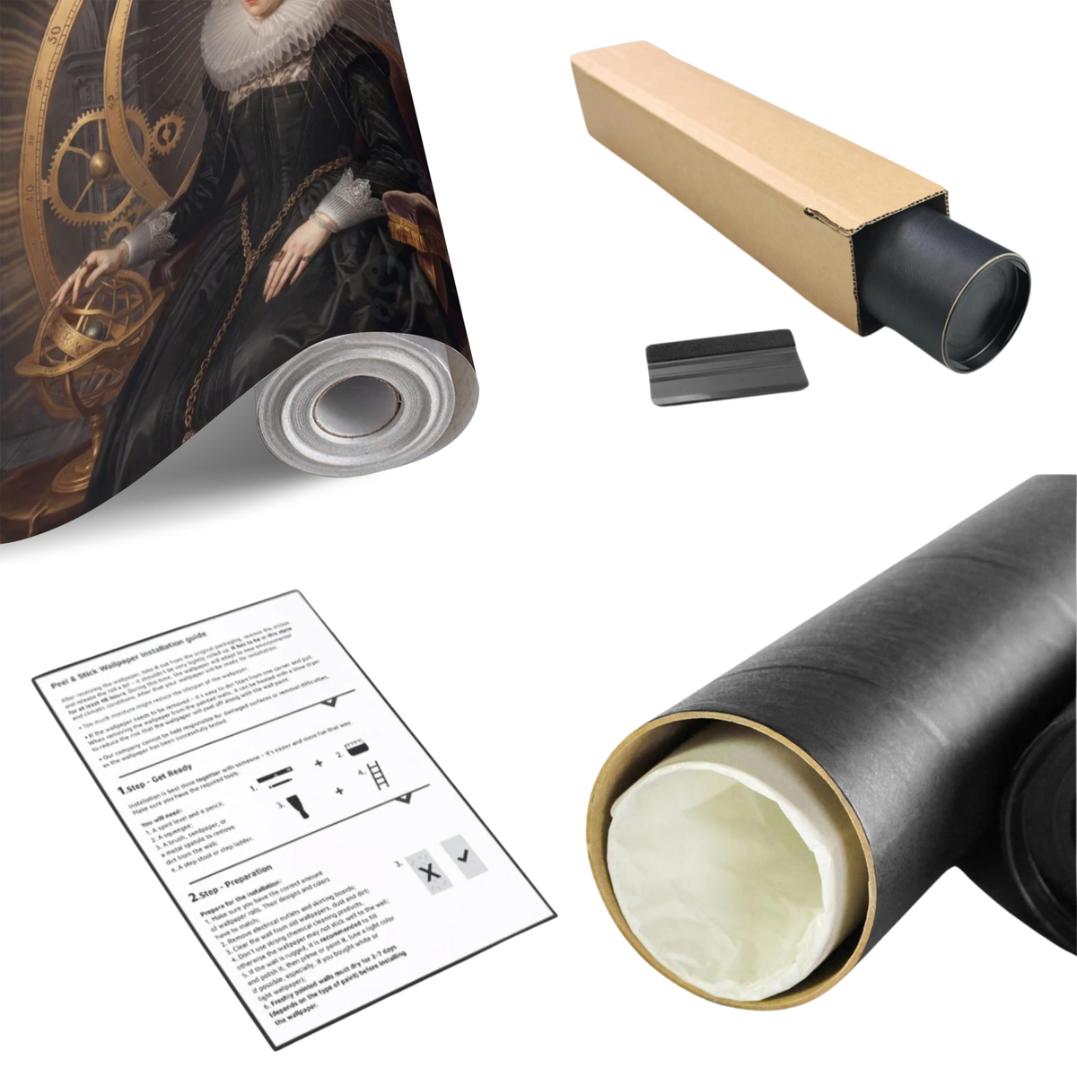 Steampunk wall mural roll with printed celestial portrait design and installation instructions