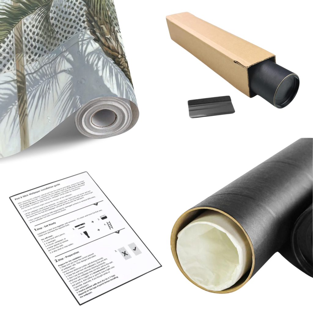 Palm frond wall mural rolls with instruction sheet and black cardboard tubes