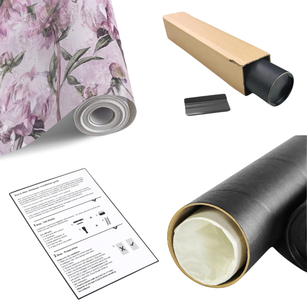 Floral wall mural roll set with backing sheet and installation tools, lavender botanical design