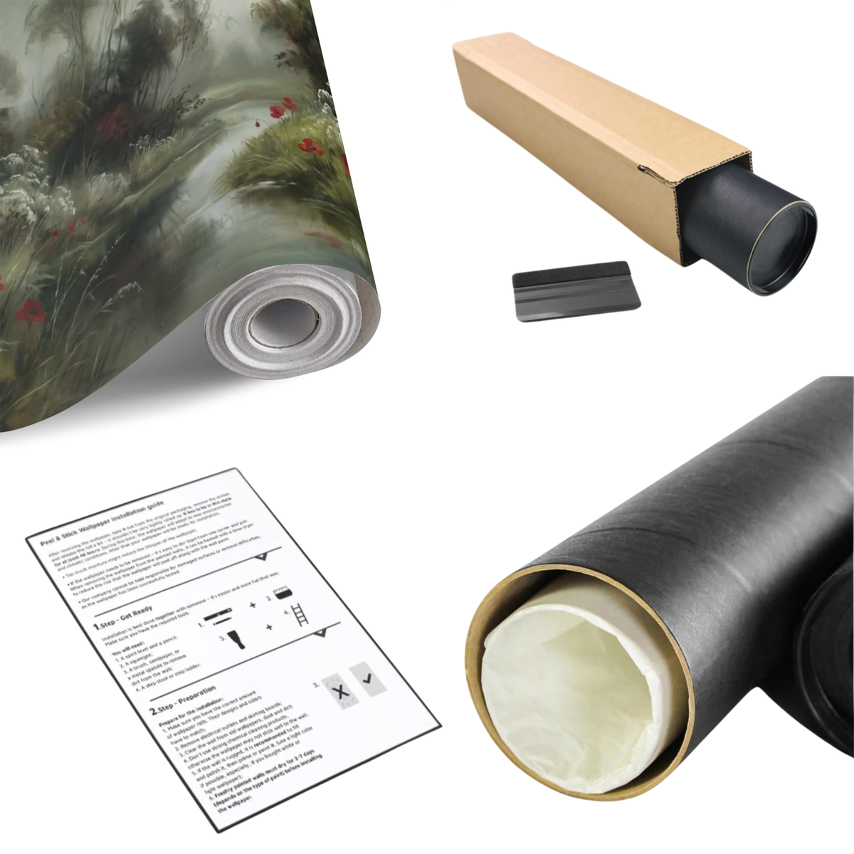 Rolled wall mural print showing moody woodland creek with red poppies and trees