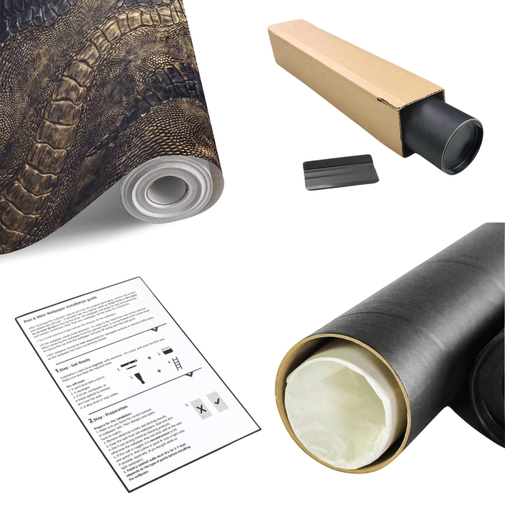 Crocodile-scale textured wall mural roll in dark brown, gold, and bronze emboss pattern.