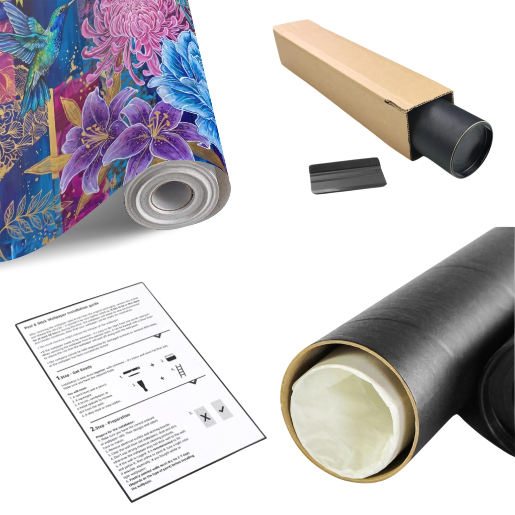 Botanical wall mural roll set with instructions, featuring vibrant flowers and hummingbirds